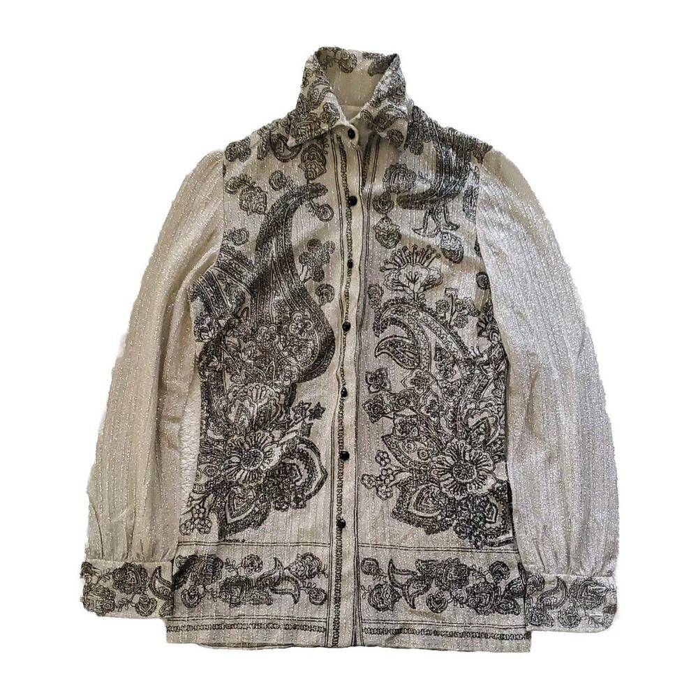 Vintage Bernardo 10 Beige Black Metallic Thread Floral Button Long Sleeve Shirt